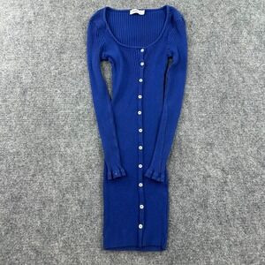 Castro Mini Dress XS Blue Ribbed Long Sleeve Button Front Bodycon Women